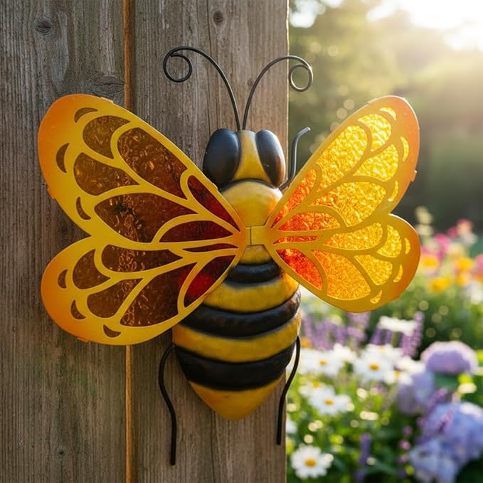 LIFFY Metal Bee Wall Decor,10" Hanging Glass Bumblebee Outdoor Decor,Decorative Garden Ornaments Outside for Home Patio Fence Yard