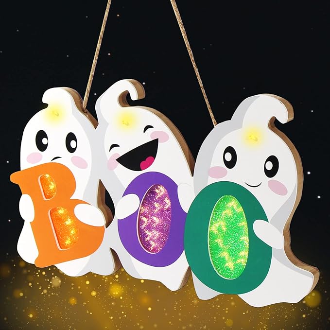 LOMIMOS Halloween Door Hanger Sign Decorations with Lights, Cute Ghost Welcome Sign for Front Door Porch Outdoor Indoor Hanging Wall Decor Farmhouse Holiday Decor