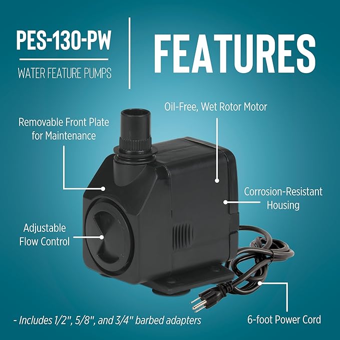 Little Giant PES-130-PW 115-Volt, 130 GPH Magnetic Drive Fountain/Pond Pump with 6-Ft. Cord, Black, 566716