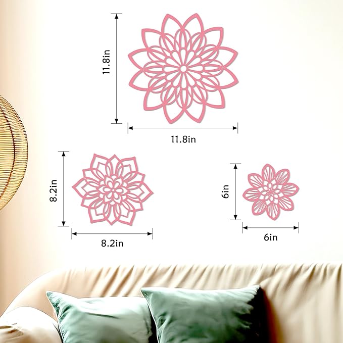 3 Pieces Metal Flowers Wall Decor, Black Wall Decoration Metal, Flower Art Wall Decor Farmhouse Wall Decorations Multiple Flowers Hanging Decor for Bathroom Living Room Home Kitchen Garden Office (Pink Elegant)