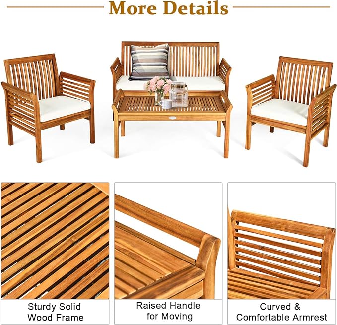 Tangkula 4 Piece Outdoor Acacia Wood Sofa Set with Water Resistant Cushions, Padded Patio Conversation Table Chair Set w/Coffee Table for Garden, Backyard, Poolside (1)