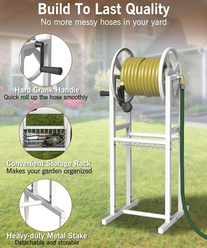 Garbuildman Ground Mount Garden Hose Reel Holds 125 Feet of 5/8-Inch with 3.9 ft Leader Hose, Brass Fitting, Water Hose Holder Stand with Storage Rack & 4 Spikes Base for Outdoor Lawn, White