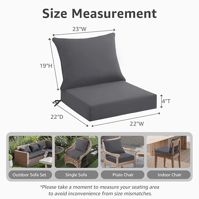 Outdoor Seat Cushion Set 22 x 22 x 4 Inch, Waterproof & Fade Resistant Patio Furniture Cushions with Removable Cover and Ties, Thick Deep Seating Pads for Outside Chair Sofa Couch, Grey