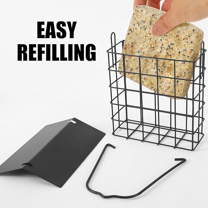 2Pcs Suet Bird Feeder for Outside Hanging, Suet Cakes Cage Bird Feeder for Outdoors with Metal Roof and Adjustable Chain Hook Hanging for Garden Yard Outside