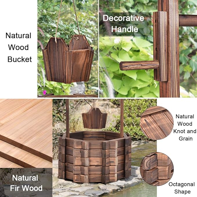S AFSTAR Wooden Garden Bridge, 5FT Stain Finished Arch Footbridge with Safety Rails for Garden Patio Yard, Outdoor Pond Bridge & Wishing Well Planter Set