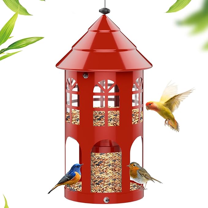 Metal Bird Feeder for Outdoor Hanging, Large Capacity Wild Bird Feeder with Weatherproof Roof & Squirrel-Proof Design, Easy to Fill & Clean, Ideal for Cardinals, Finches, and Blue Jays