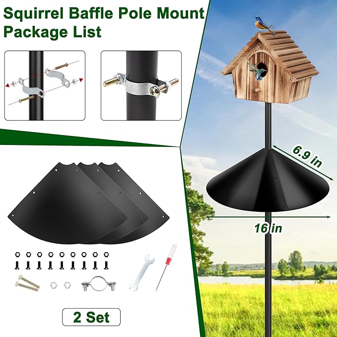 Squirrel Baffles for Protecting Outdoor Bird Feeder Pole and Bird Houses, Pole Mount Squirrel Proof Guard Stopper for Bird Pole-(Black, 16 inch,2 Packs)