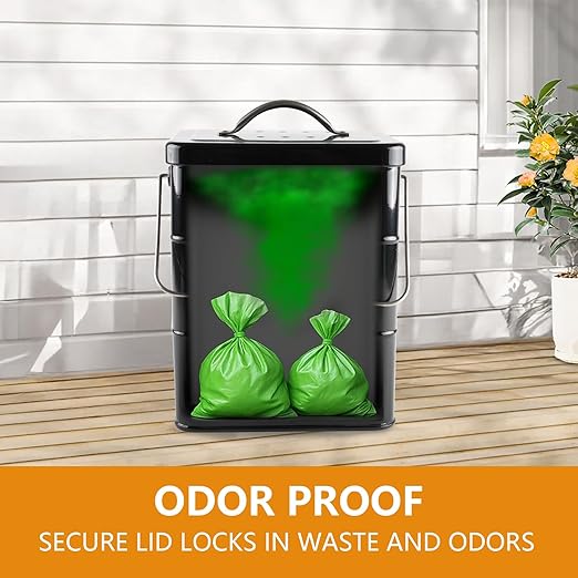 Dog Poop Trash Can Outside,1.58 Gallon Waterproof Metal Waste Bin with Lid,Small Portable Outdoor Bucket for Pet Disposal,Garbage Trashcan with 75 Bags,Suitable for Odor Control in Patio and Backyard