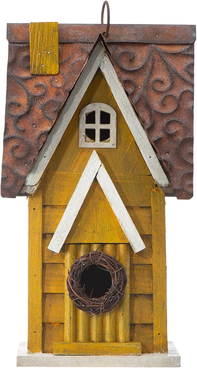 Glitzhome GH90085 Hanging Distressed Wooden Garden Cottage Birdhouse, Yellow