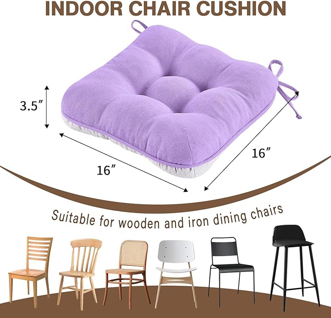 BETU Chair Cushions for Dining Chairs Set of 4,3.5" Thick Kitchen Table Chair Pads with Ties,Non Slip Backing and Covers, Seat Cushion for Dining Room,Bar,Patio Chairs,16"X16"X3.5",Purple