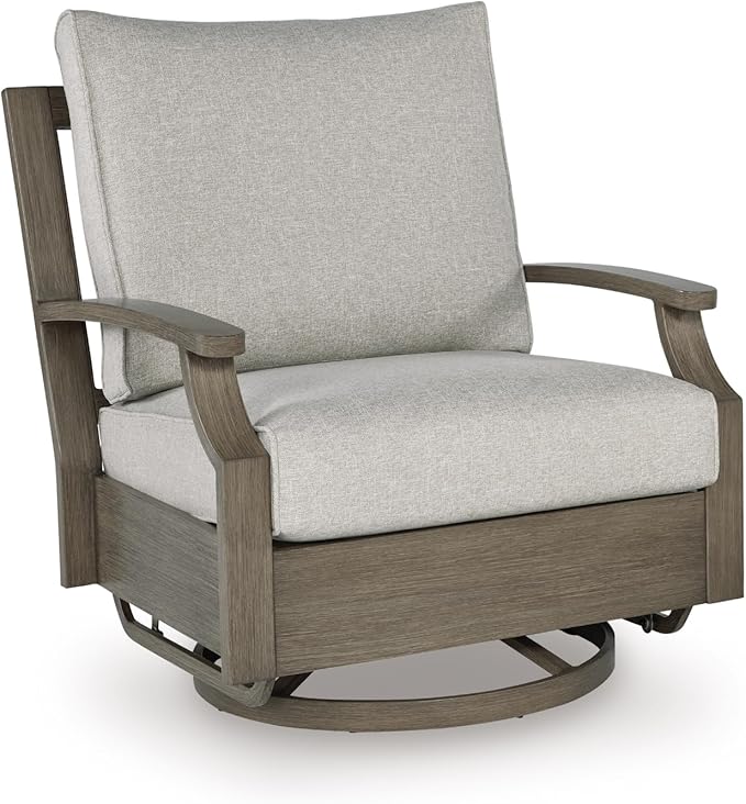 Signature Design by Ashley Rainier Ranch Contemporary Nuvella Weather Resistant Fabric Outdoor High Back Swivel Glider Chair with Cushion, Light Brown & Beige