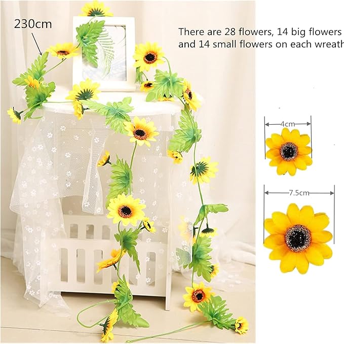 2 Pcs Artificial Sunflower Garland,Sunflower Vine with Leaves,Hanging Garland with Green Leaves,Outdoor False Flower Arch,Arrangement for Wedding Party Anniversary Home Office Table Centerpiece Decor