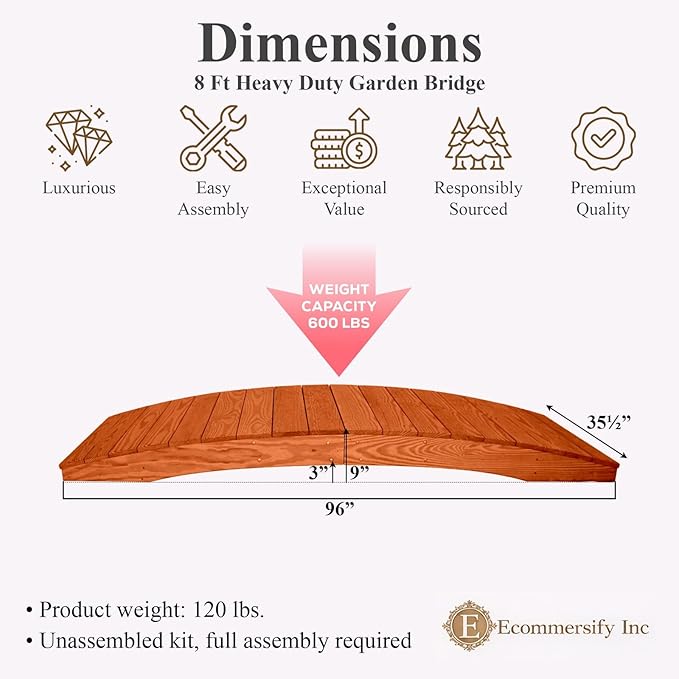 8 FT Cedar Amish Made Pinewood Heavy Duty Garden Bridge for Walkway, Backyard Pond & Landscaping, Outdoor Wooden Footbridge for Koi Pond, Japanese Style Decorative Bridge, Made in USA