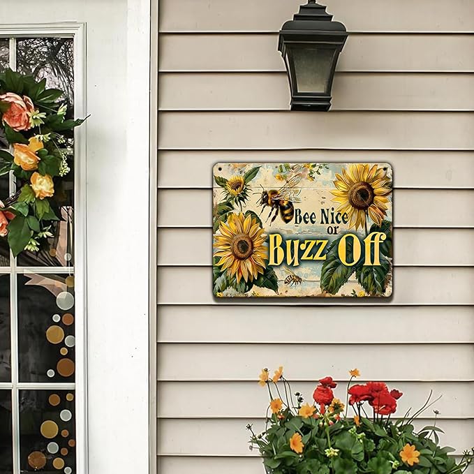 Garden Bee Sign Bee Nice or Buzz Off Decor Poster Vintage Metal Tin Sign Country Farmhouse Decor for The Home Garden Kitchen Office 16x12 Inch