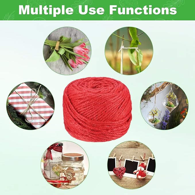 1-Pack Natural Jute Twine String, 3mm x 328ft/100m Long Garden Twine Balls for Crafts/Gift Wrapping/Gardening Plants, Durable Plant Ties Thick Rope [Red]
