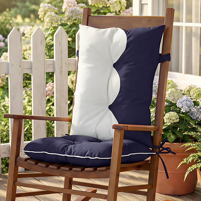 mudilun Outdoor Adirondack Chair Cushion High Weather Resistant Tufted Waterproof Rocking Chair Cushions Anti-Slip Thickened High Back Patio Seat Pads(Outdoor-Navy Blue-White)