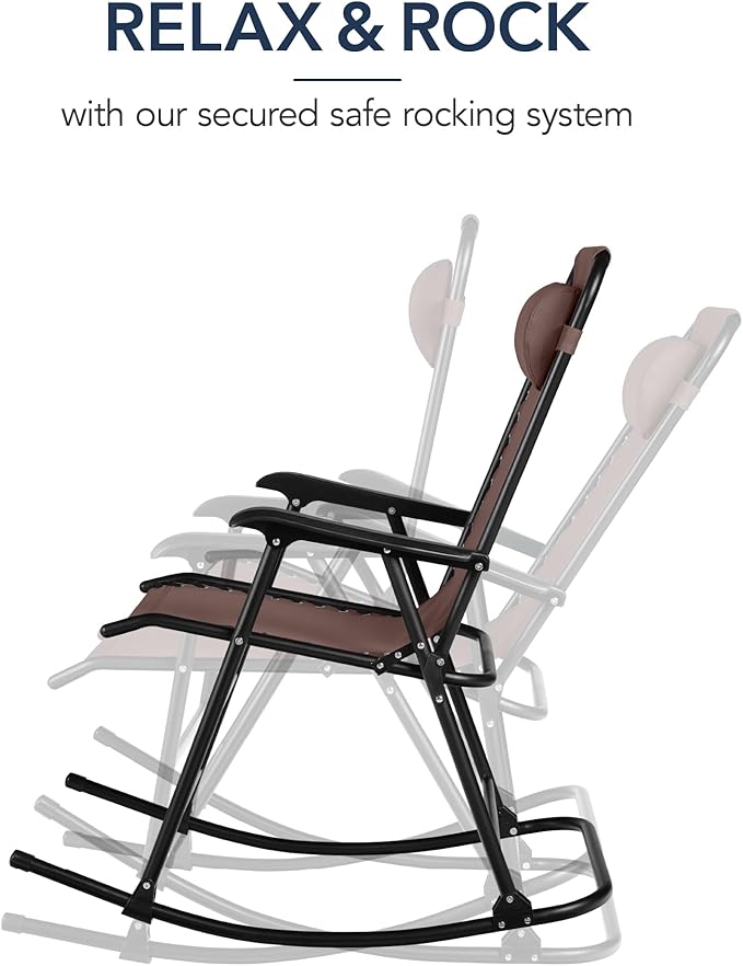 Best Choice Products Outdoor Folding Rocking Chair, Zero Gravity Lounge Chair, Patio Rocker w/Headrest Pillow - Brown