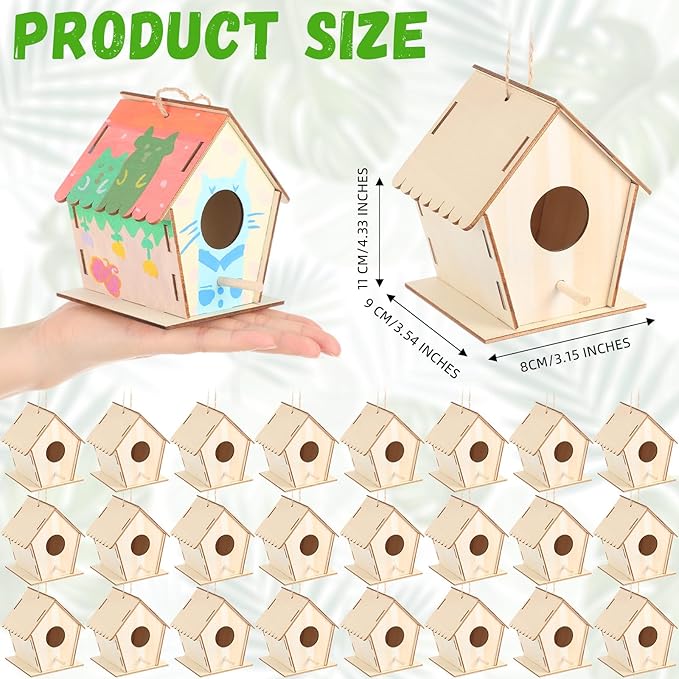 36 Pack 4.3" Wooden Bird Houses Bulk for Kids with Front Perch Peg, DIY Kid Art Craft Outdoor Birdhouse Kit Unfinished Hanging Birdhouse Class Activity for Girls Boys to Build and Paint