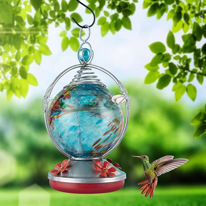 Backyard Expressions Glass Hummingbird Feeder - Blue - Hummingbird Feeders for Outdoors Hanging, Hand Blown Glass Hummingbird Feeder with Spiral Pattern
