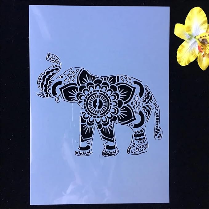 TIAMECH A4 Reusable Nose Up Elephant Stencil for Painting - Mandala Layering Template, DIY Wall Art, Wood Furniture, Scrapbook & Crafts (8.3x11.7inch)