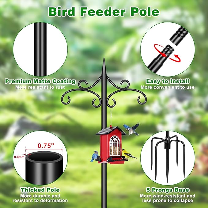 Heavy Duty Double Shepherd Hooks for Outdoor with 5-Prong Base, 88inch Adjustable Decorative Metal Bird Feeder Pole for Hanging Bird Nests, Plant Baskets, Solar Lights, Lanterns, 1 Pack