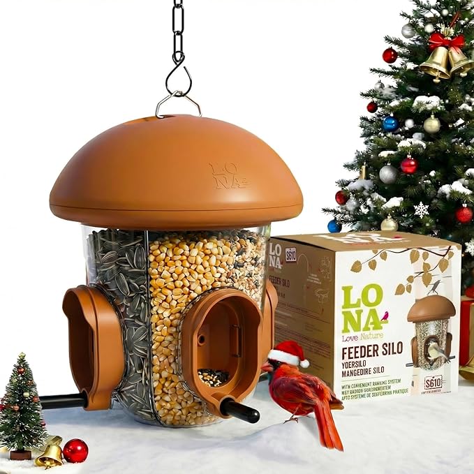 LONA Bird Feeders for Outdoors Hanging – 3 Separate Compartments, 3 Feeding Ports, Weatherproof Dome & 3 Ways to Hang, Large Capacity for Cardinals/Finches (Brown