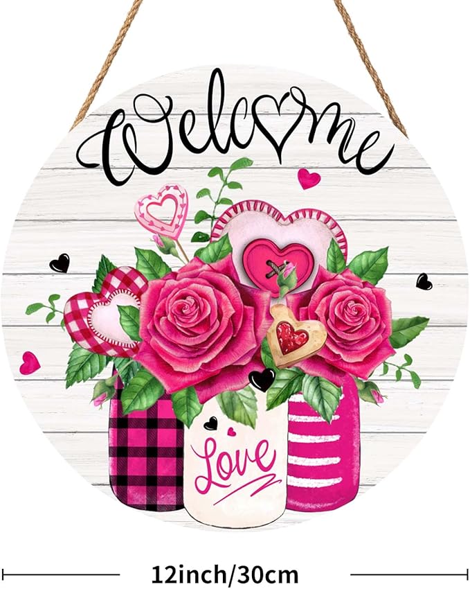 Welcome Valentine's Day Rose Flower Door Sign For Front Door Decor,Mason Jar Pink Love Heart Wooden Sign 12"x 12" Round Wood Hanging Door Sign Anniversary Wedding Decoration for Wall Rustic Decor