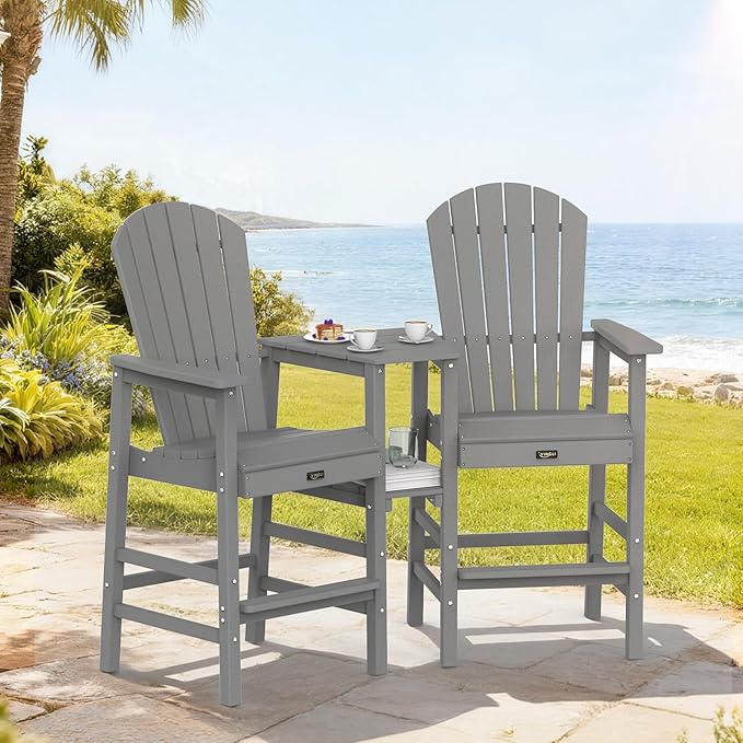VINGLI Tall Adirondack Chairs Set of 2 with Dual Trays, All-Weather HDPE Outdoor BarStools Poly Deck Chairs for Patio, Poolside and Balcony (Grey)