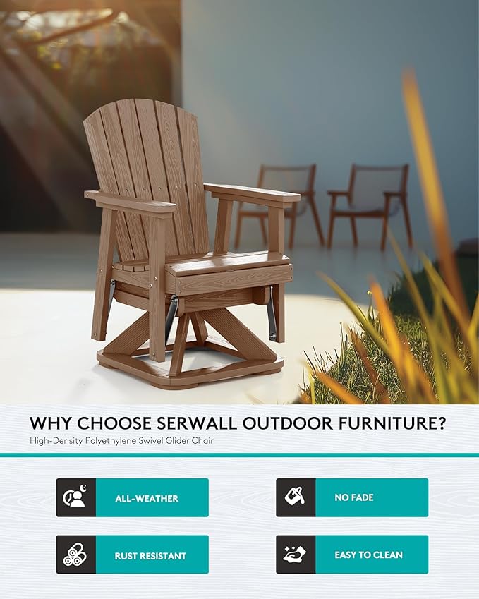 SERWALL Adirondack Swivel Glider, HDPE Glider for Outdoor, All-Weather Glider Rocking Chair for Porch, Balcony, Brown