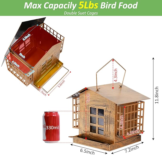 Bird Feeders for Outdoors, Metal Bird Feeder with Double Suet Cage Weatherproof Metal Roof, Suet Feeders for Outside Hanging, 5LB Large Seed Capacity