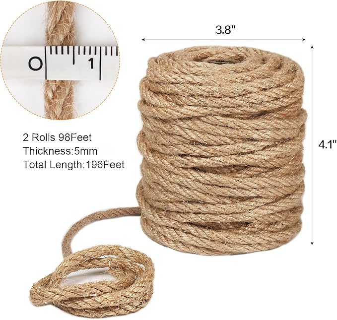 Vivifying 5mm Jute Rope, 2PCS 98 Feet Strong Natural Jute Twine for Crafts, Cat Scratching Post, Garden Plants, Bundling and Hanging (Brown)