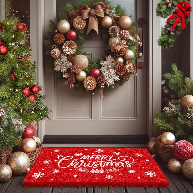 LuxUrux Merry Christmas Door Mat Outdoor 30x17 Inch - Elegant Winter Holiday Coir Doormat, Absorbent and Non-Slip for Outdoor Entrances Front Door.
