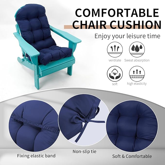 Adirondack Chair Cushions Set of 2, High Back Patio Chair Cushions 48 x 19.7 x 4.7 Inch, Indoor/Outdoor Thickened Rocking Chair Cushion, Fade-Resistant & Waterproof (Dark Blue)
