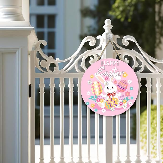 Happy Easter Bunny Front Door Signs Pink Easter Rabbit Eggs Door Hanger Spring Floral Wooden Porch Door Hanging Sign Farmhouse Decorations for Home Holiday Party