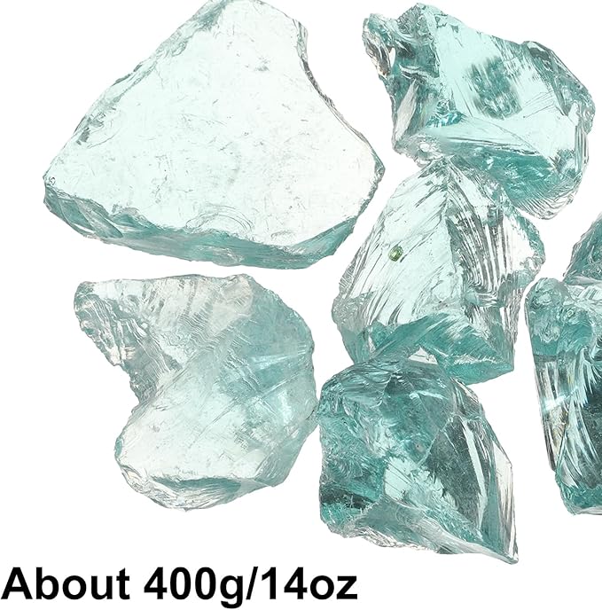 uxcell Fire Glass for Fire Pit, 3-5cm(1-1/5"to 2") High Luster Reflective Glass Rocks for Natural or Propane Fireplace, Safe for Outdoors and Indoors Fire Pit Glass, Light Blue, 400g/14oz