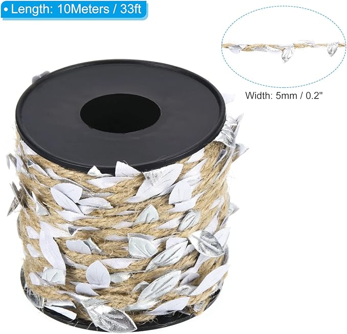 PATIKIL 33ft 5mm Burlap Leaf Ribbon, Braided Decoration Vine Natural Jute Rope Twine with Artificial Leaves for Jungle Wedding Party Home Garden Decor, Silver Tone