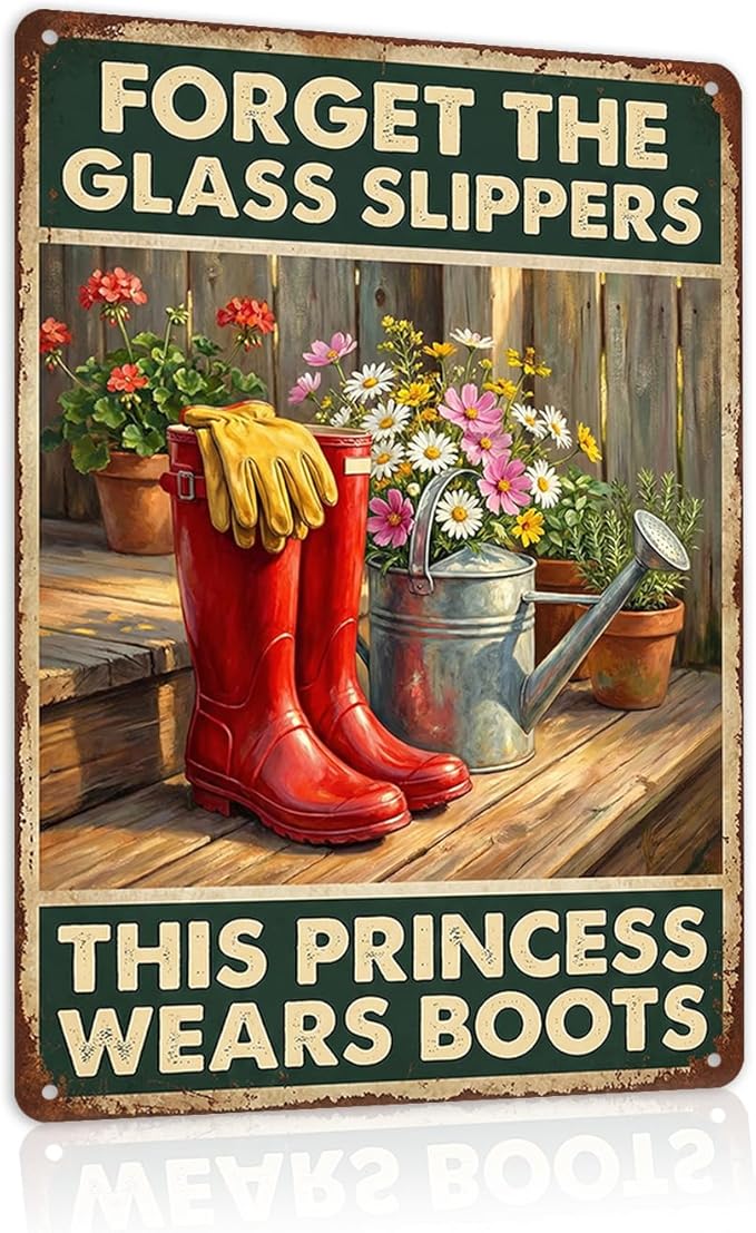 Country Girl Tin Sign - "This Princess Wears Boots" Inspirational Garden Decor - Metal Sign Vintage Red Rain Boots & Flowers Farmhouse Wall Art - 8x12 Aluminum Plaque for Shed, Porch, Yard