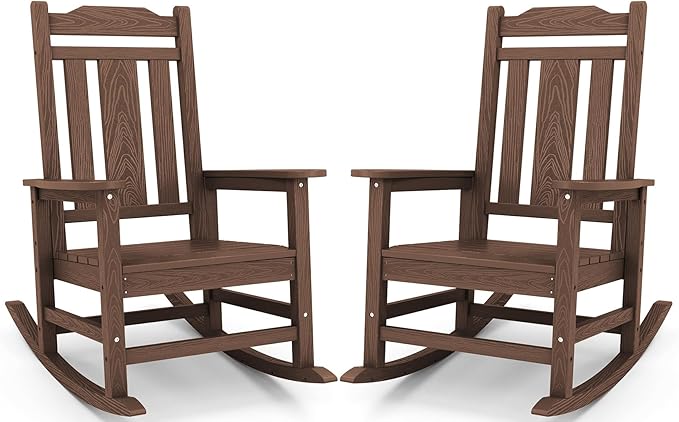 SERWALL Oversized Rocking Chair Set of 2 Outdoor, HDPE Outdoor Rocking Chair Set of 2, Coffee