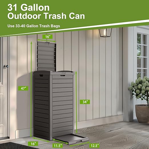 31 Gallon Outdoor Trash Can, Waterproof Trash Can Cabinet for Outside, Resin Garbage Bin with Lid and Drip Tray for Easy Cleaning for Patios, Kitchens, and Outdoor Entertaining（Light Gray）