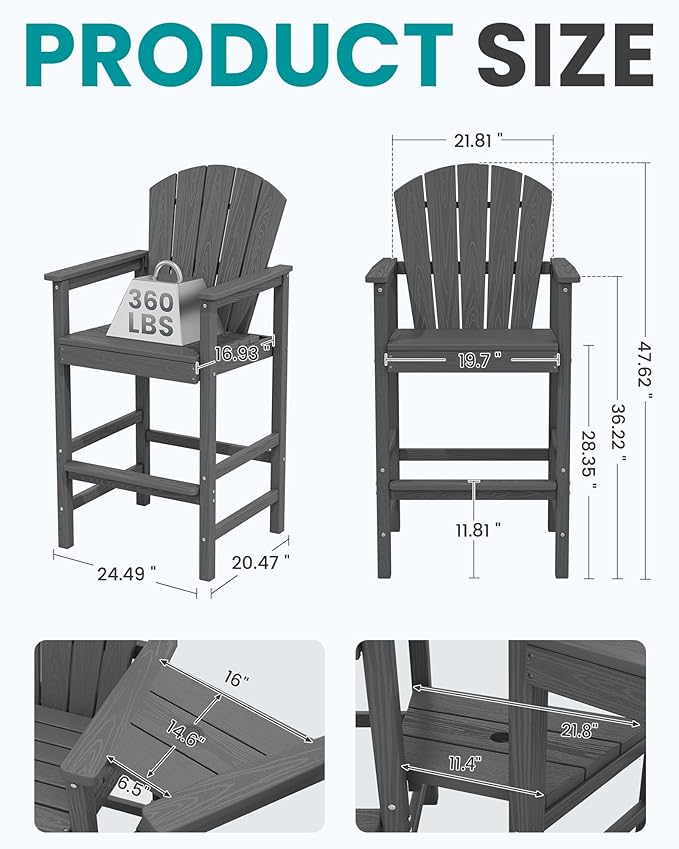 SERWALL Tall Adirondack Chairs Set of 4 with Double Layer Connecting Tray, HDPE Bar Height Outdoor Chairs, Wood-Like Adirondack Bar Stools for Patio, Balcony, Porch, Grey