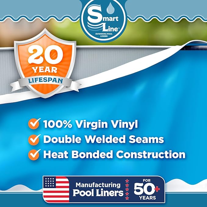 Smartline 24 ft Round Swimming Pool Liner | Solid Blue | Overlap Style | 48-52 Inch Wall Height | 20 Gauge Heavy Duty Virgin Vinyl | Designed for Steel Sided Above Ground Pools