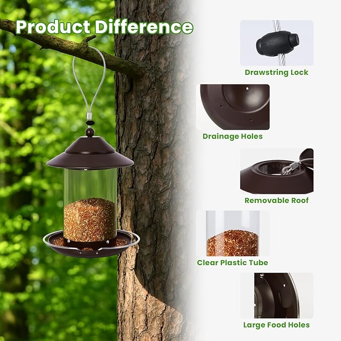 Metal Bird Feeder for Outdoors Hanging, 2.4LB Seed Feeder 360-degree, Weatherproof & Rust-Resistant, Easy to Fill & Clean for Wild Bird Feeders in Backyard & Garden (Brown)