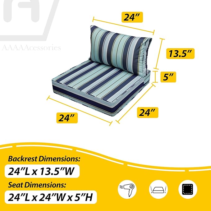 AAAAAcessories Outdoor Seat Cushions for Chairs, Fade-Resistant, Waterproof Patio Furniture Replacement Cushions, 24" x 24" x 5" + 24" x 13.5", Ash Teal Seaside Stripe