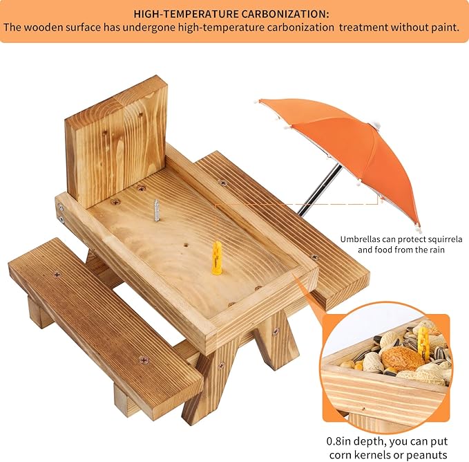 Gnodary Squirrel Feeder with Umbrella, Squirrel Feeders for Outside, Squirrel Picnic Table Feeder - Chipmunk Feeder Hold Corn, Corn Cob, Peanuts (Orange)