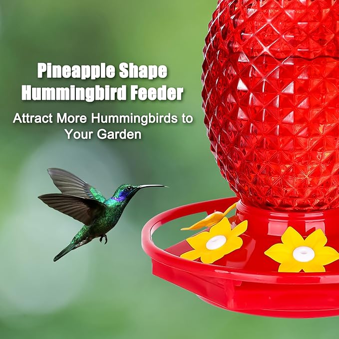 Glass Hummingbird Feeders for Outdoors Hanging Ant and Bee Proof 16OZ 1 Pack Red Pineapple Humming Bird Feeder with 6 Feeding Ports and Ant Moat Hummingbird Gifts for Women Garden Decor