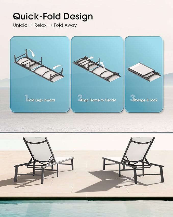 Ciokea Foldable Outdoor Lounge Chair Set of 4, No Assembly Aluminum Chaise Lounge Outdoor with 5-Positions, Aluminum Pool Lounge Chairs with Portable Design for Poolside, Beach, Deck, Patio, White