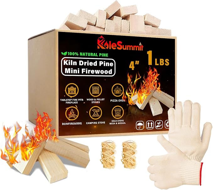 Mini Fire Stick with Fire Starters Gloves 4" Kiln Dried Pine Fire Pit Accessories Firewood Compatible with Wood Stoves, Tabletop Fire Pits, BBQ Grills & Pizza Ovens, 1 lb Box