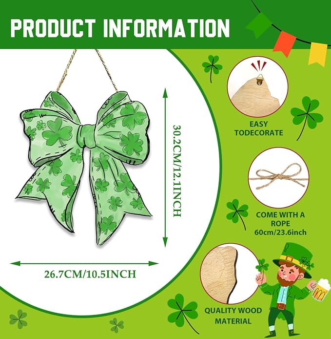 St Patricks Day Door Decorations, St Patricks Day Decorations, Shamrock Door Decoration, Lucky Charm Shamrock Bow Wood Hanging Sign for Office Party Porch Yard Outdoor Indoor Home Decor