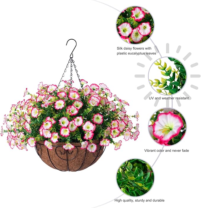 Ivydale Artificial Faux Hanging Plants Flowers Basket for Outdoor Outside Decoration, Silk Pink Morning Glory in Planter Look Real UV Resistant Fake Flowers for Spring Summer Porch Home Patio Balcony