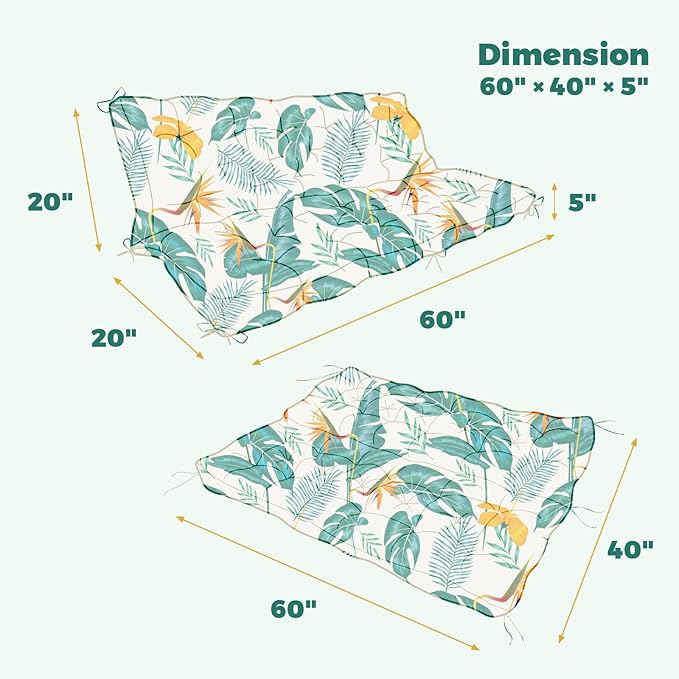 Porch Swing Cushions, Waterproof Patio Swing Cushions for Outdoor Furniture Thickened Outdoor Swing Bench Cushions 2-3 Seater Replacement with Ties for Patio Swing, Yellow-Green Leaves